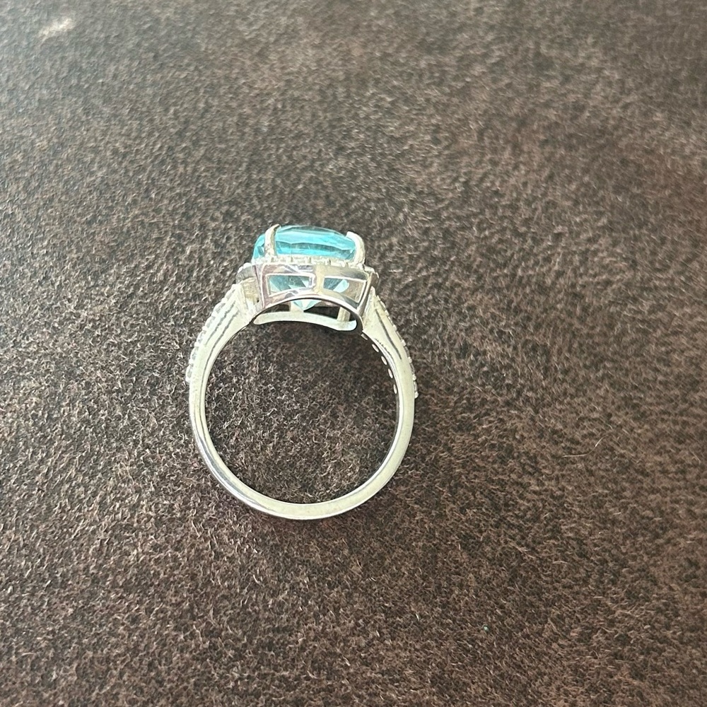 Aquamarine Cushion Cut Halo Sterling Silver Ring - Picture 3 of 5